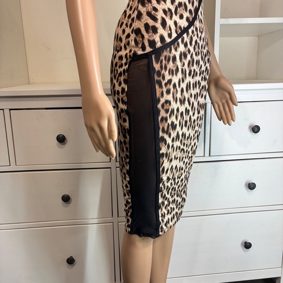 SYMPHONY Leopard Print Strapless Bodycon Sheath Dress Black Trim Mesh Side - Picture 6 of 6